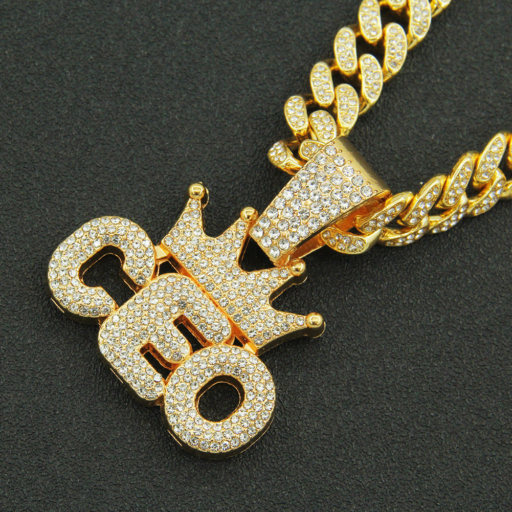 European Hip Hop Full Diamond Crown Letters Pendant Cuban Necklace