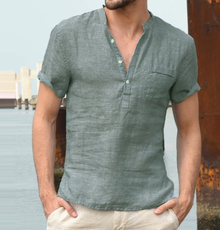 Casual Linen Solid Color Shirt Button V Neck Beach Shirt Men Summer Tops