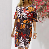 Vintage Dress Women Summer Floral Leaf Print Slit Round Neck Half Sleeve Dresses