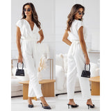 Women's Solid Short Sleeve Lace-Up Jumpsuit - Summer Slim Fit Casual Trousers