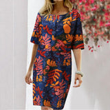 Vintage Dress Women Summer Floral Leaf Print Slit Round Neck Half Sleeve Dresses