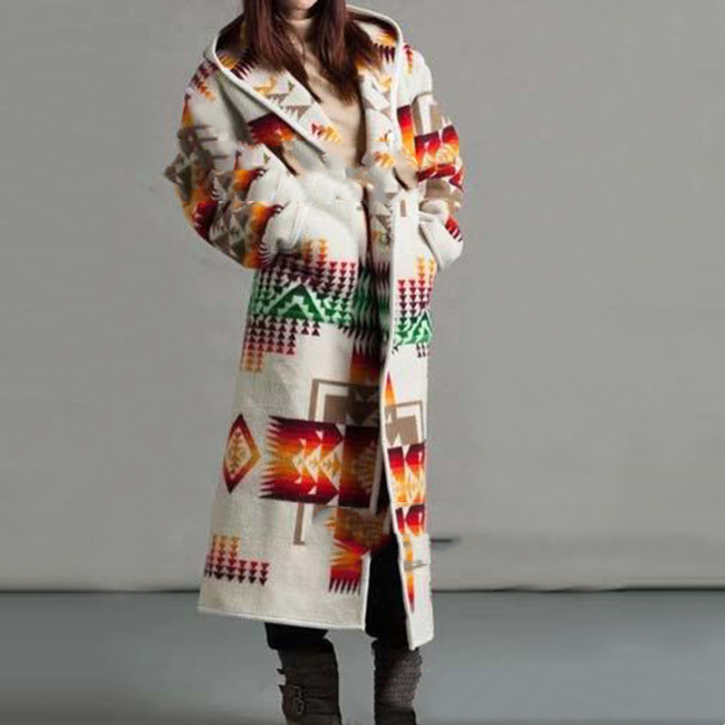 Women's Long Trench Coat Printed Hooded Jacket