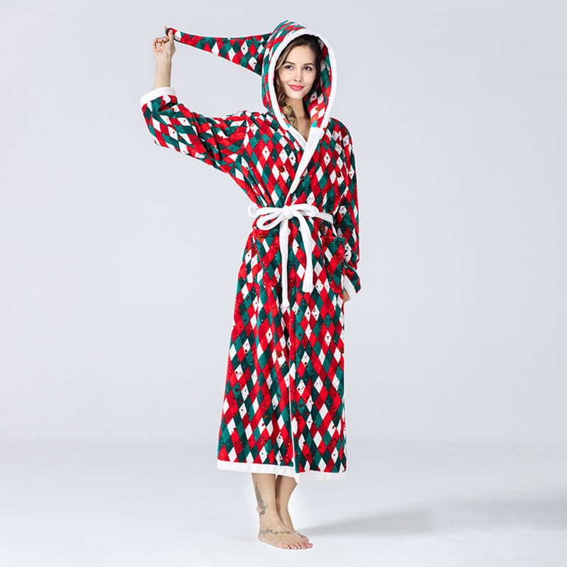 Christmas Sleepwear Women Fleece Hooded Bathrobe Plush Long Robe Winter - Minihomy