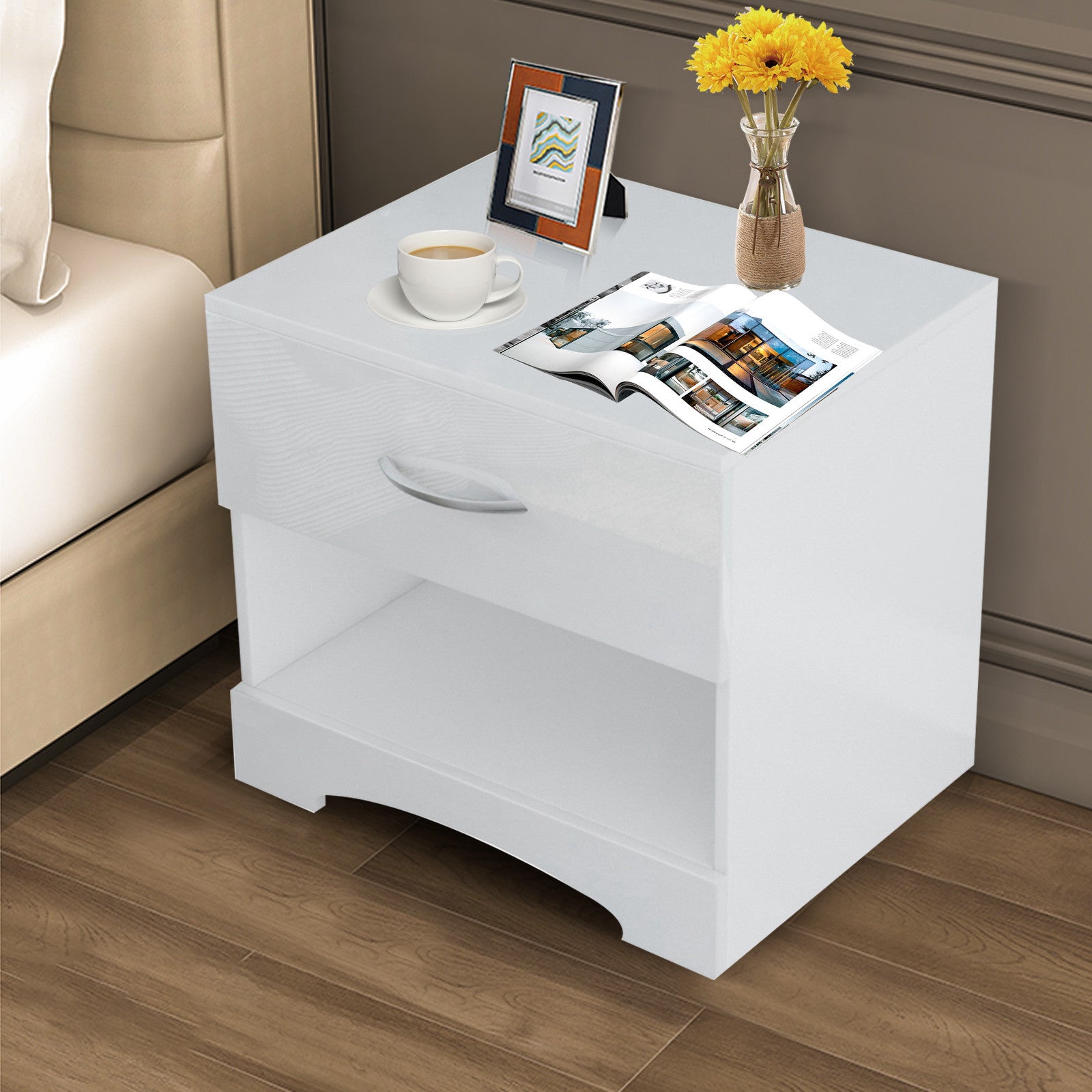 Modern High-gloss Bedside Table Storage Cabinet With One Drawer - Minihomy