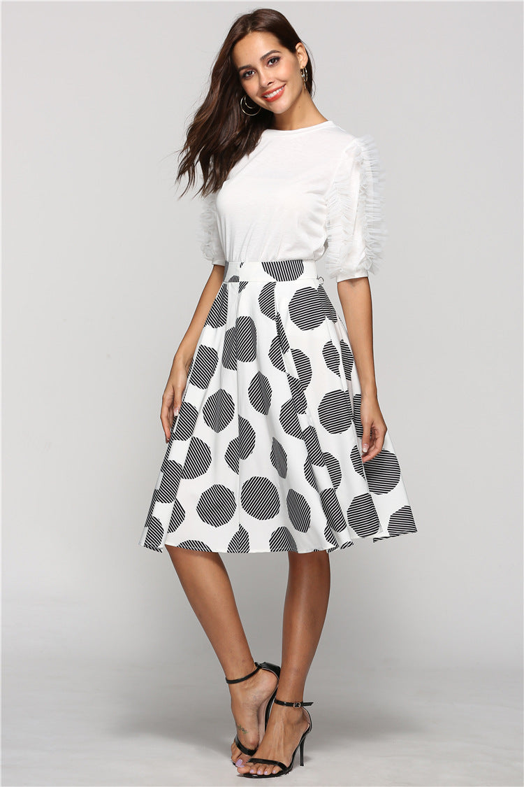 Large Polka Dot Round Slim Fit Mid-Length Skirt With Large Hem - Minihomy