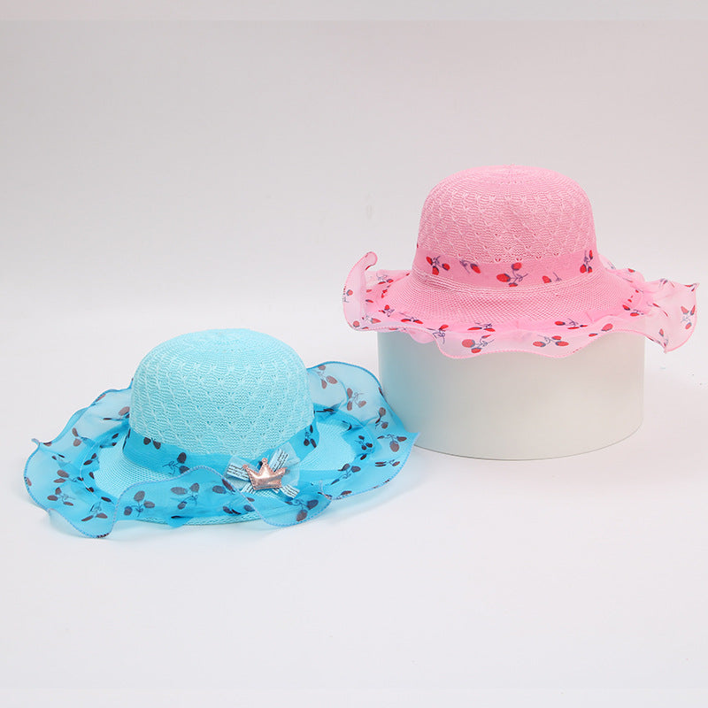 Summer Hat Ribbon Decorate Wavy Straw Hat for Girls