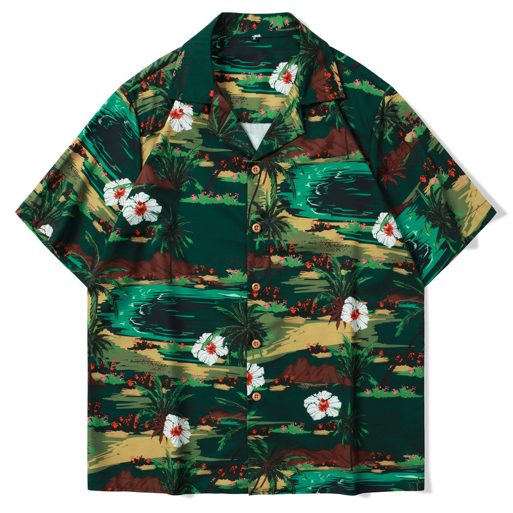 Men Short Sleeve Shirts Vintage Flower Print Streetwear Retro Summer Man Blouse