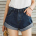 High waist denim shorts female elastic waist cuff wide leg pants shorts - Minihomy