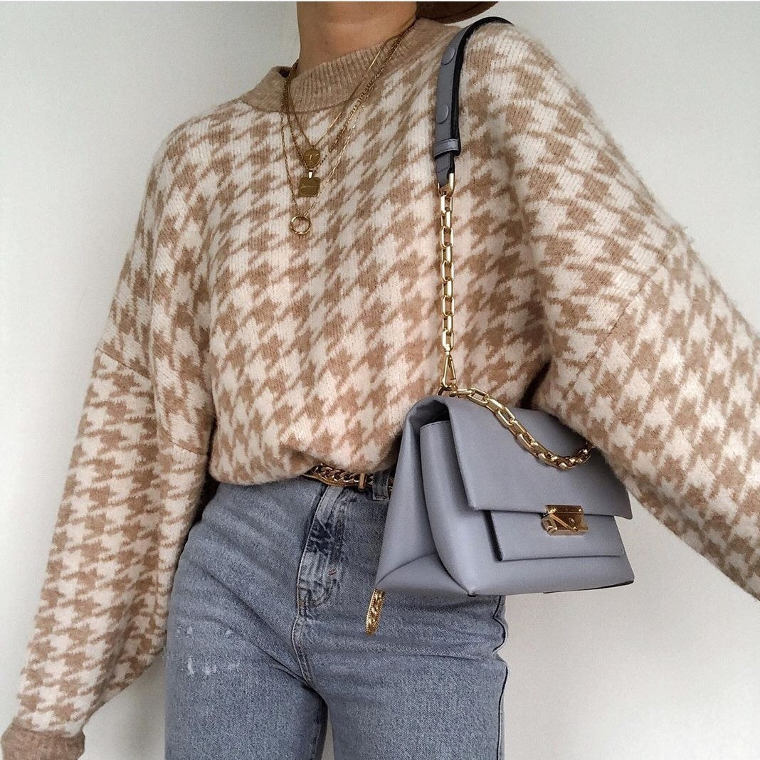 Houndstooth knit casual retro pullover sweater