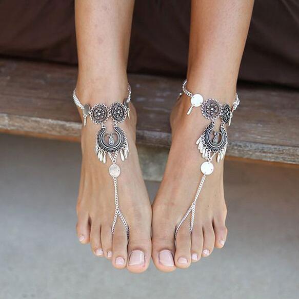 Bohemian Jewelry Antique Silver Color Hollow Flower Chain Anklets Beach Barefoot Sandals Foot Jewelry