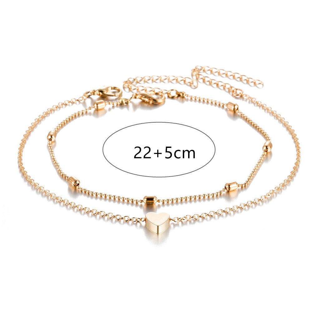 Retro beach ball chain heart-shaped Double-layered anklet