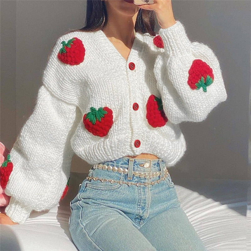 Female Cute Strawberry Loose V-neck Cardigan Sweater - Minihomy