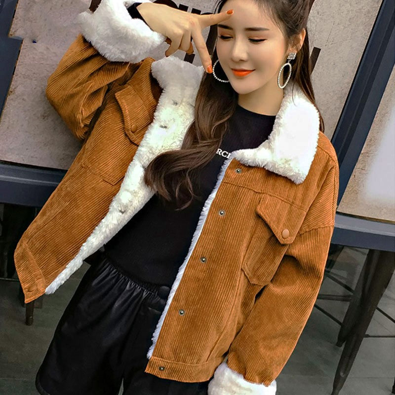 Corduroy lambskin padded jacket long - Minihomy