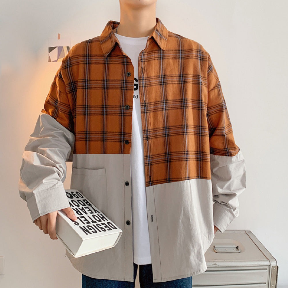 Autumn Japanese plaid stitching shirt men - Minihomy