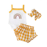 Three-Piece Baby Girl Sling Romper Plaid Shorts