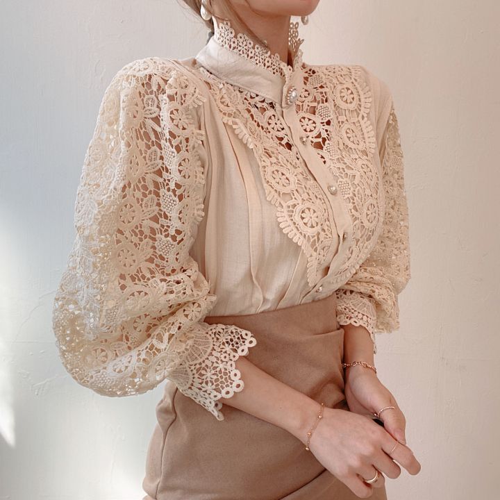 Lace Hollow Flower Stitching Long-Sleeved Stand Collar Shirt - Minihomy