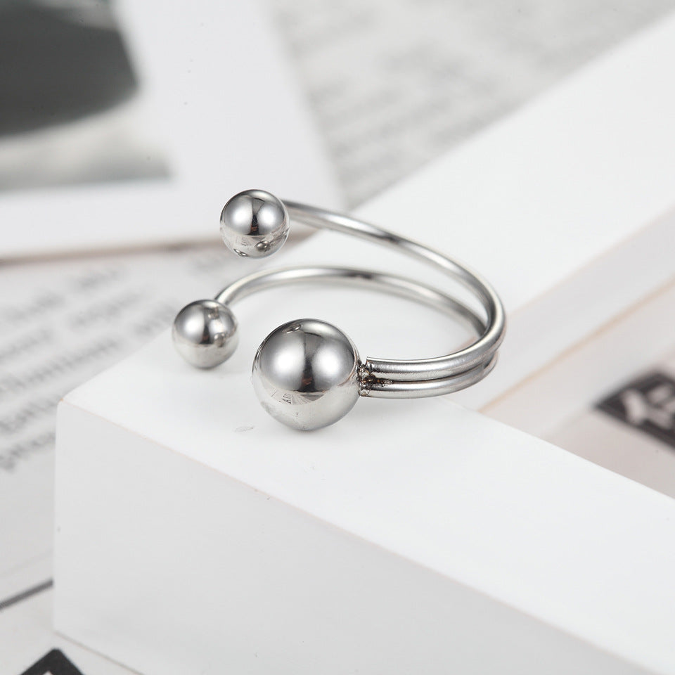 Geometric Small Round Bead Double Line Stainless Steel Ring
