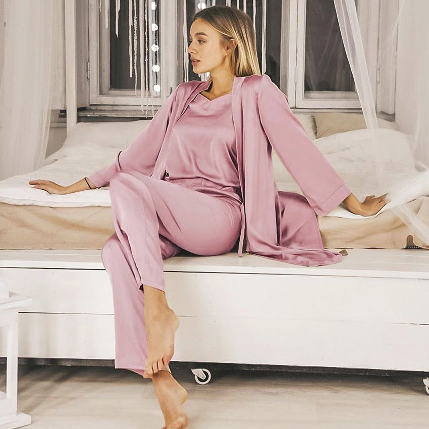 Satin Pink Simple Pajamas Suit Women Night Gown Pajamas