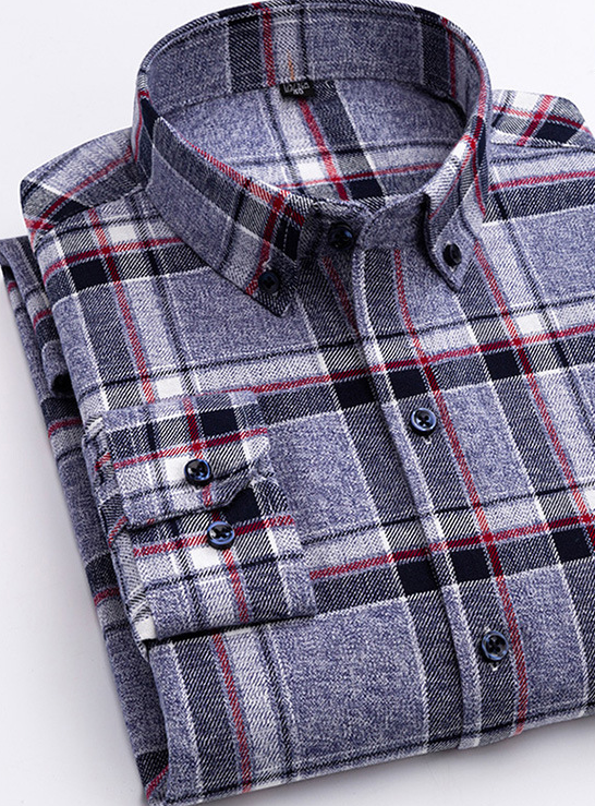 Cotton Plaid Shirt - Men's Long-Sleeved Cotton Fleece Shirt