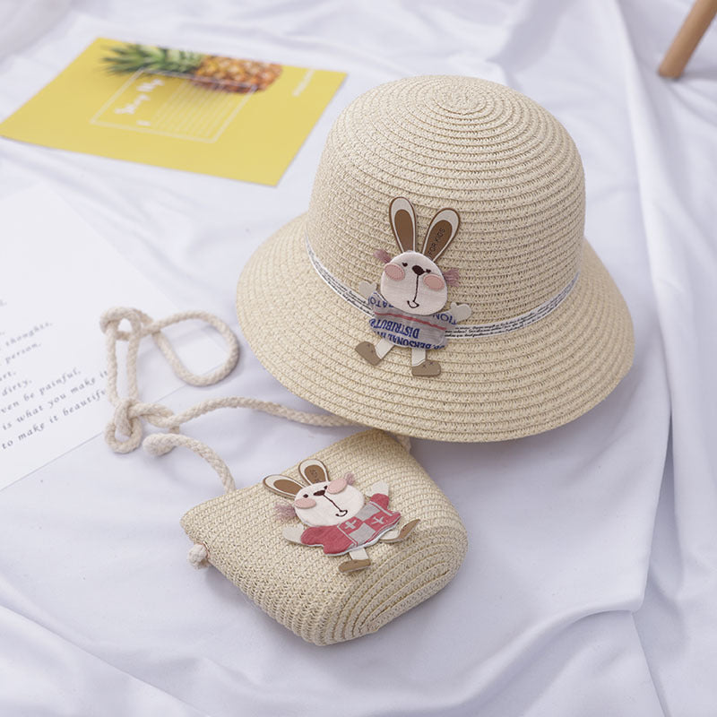 Cute Rabbit Decoration Bag with Two-Piece Straw Hat for Kids