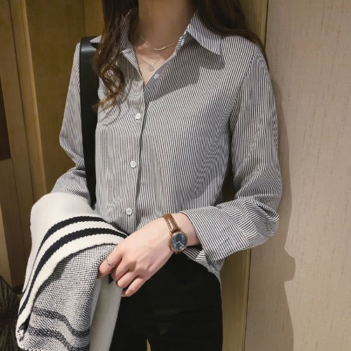 Spring Women's Casual Student Shirt Bottoming Shirt Loose Long-Sleeved Vertical Striped Shirt