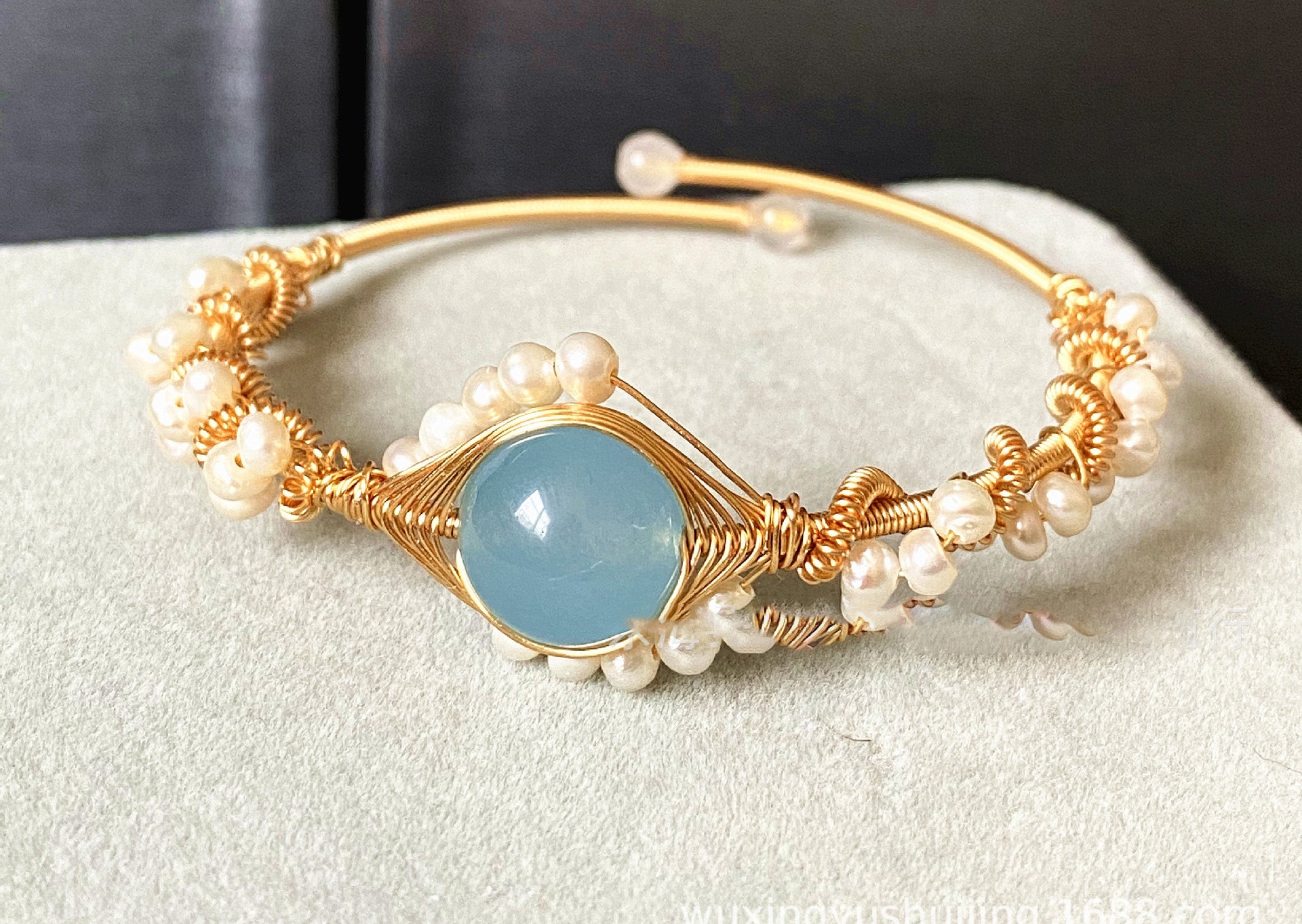 14K Gold Wrapped Handmade Bracelet Hailan Baohai Sapphire Natural White Pearl Bracelet