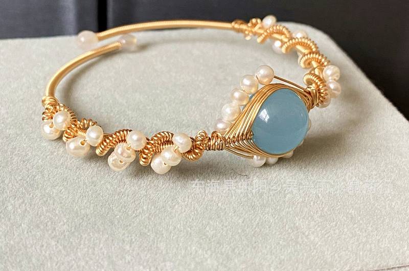 14K Gold Wrapped Handmade Bracelet Hailan Baohai Sapphire Natural White Pearl Bracelet - Minihomy