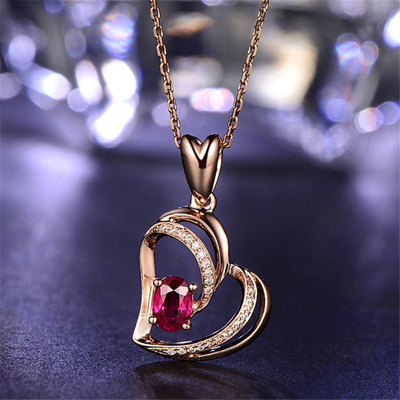 Jin Jiahua Elegant Heart-shaped Ruby Pendant Hollow Love Heart Full of Diamonds Three-dimensional Peach Heart Red Diamond Pendant Clavicle Chain - Minihomy