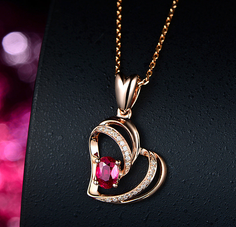 Jin Jiahua Elegant Heart-shaped Ruby Pendant Hollow Love Heart Full of Diamonds Three-dimensional Peach Heart Red Diamond Pendant Clavicle Chain - Minihomy