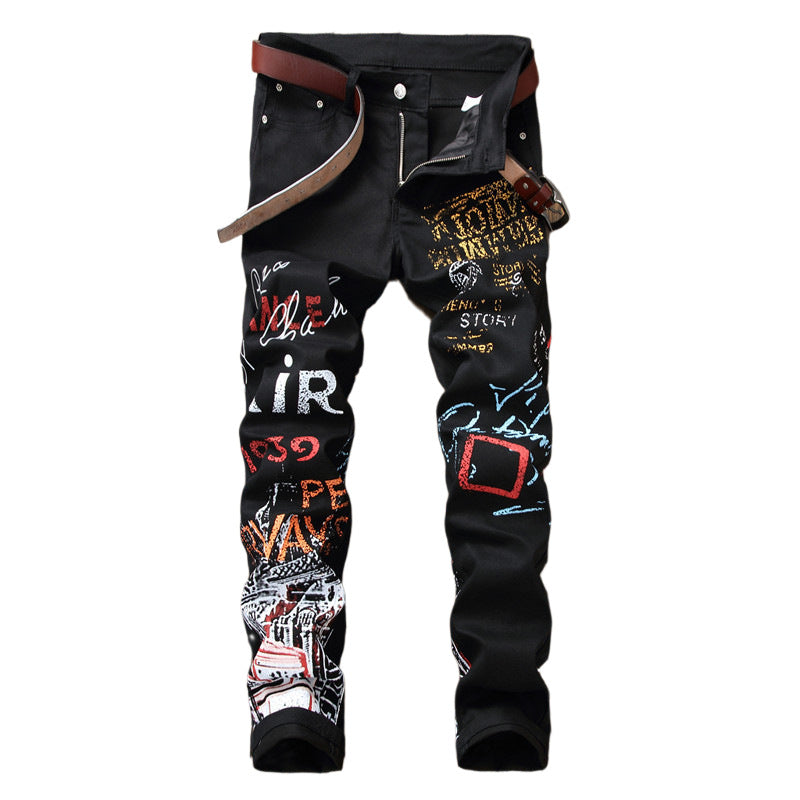 Jeans Slim Graffiti Print Trousers Men