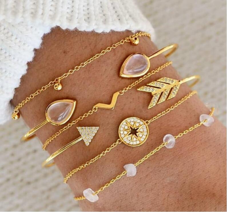 Cross-border Hand Ornaments Six-piece Cat's Eye Broken Stone Arrow V-shaped Set Bracelet - Minihomy