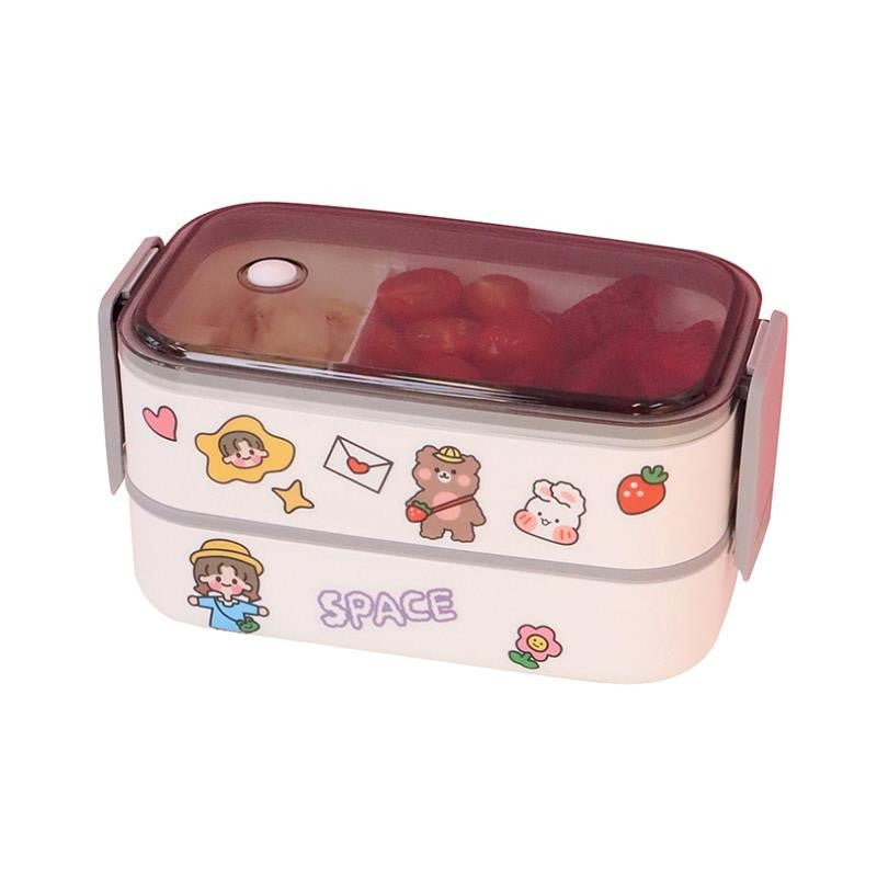 Double-Decker Lunch Box With Cutlery And Portable Cute Office Worker - Minihomy