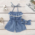 Infant Spinning Jeans Hanging Neck Jumpsuit Denim Headband Two-Piece Set - Minihomy