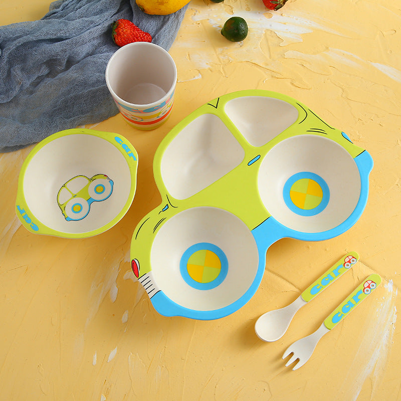 Children'S Bamboo Fiber Tableware Kindergarten Children'S Eating Grid Plate Household Cartoon Bowl Spoon Fork Cup Set