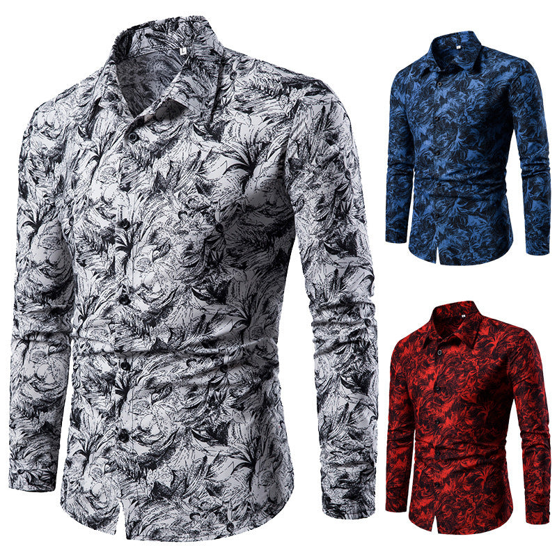 Mens Shirt Printed Casual Long Sleeved Shirt Slim Fit Male Social Dress Shirt For Men