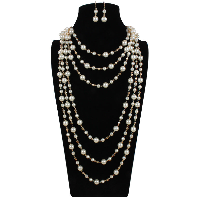 Multilayer Pearl Necklace Sweater Chain - Minihomy