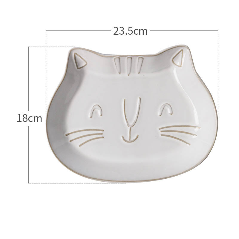 Retro White Glaze Cartoon Embossed Cat Ceramic Bowl