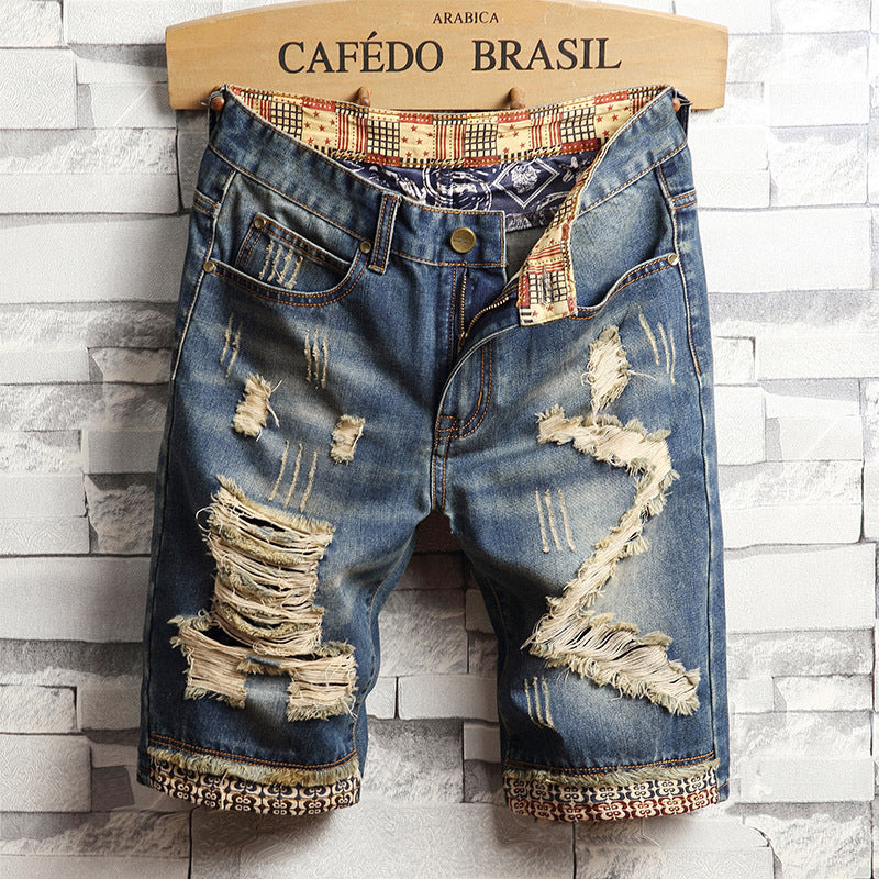 Men Vintage Ripped Short Jeans Streetwear Hole Slim Denim Shorts