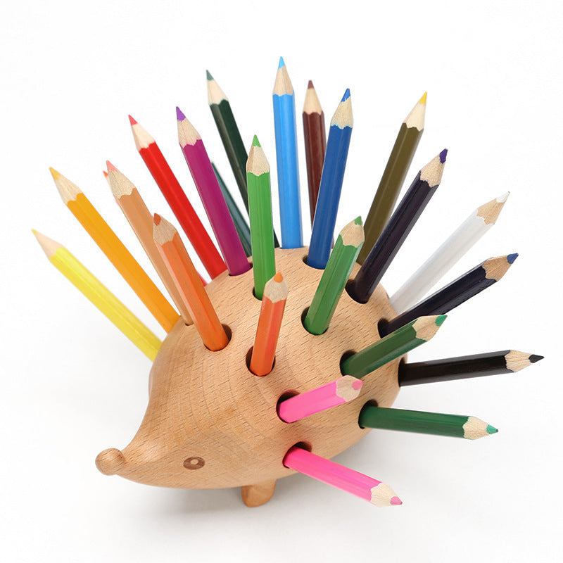 Solid Wood Hedgehog Pen Holder Obliquely Inserted Wooden Animal Pen Holder