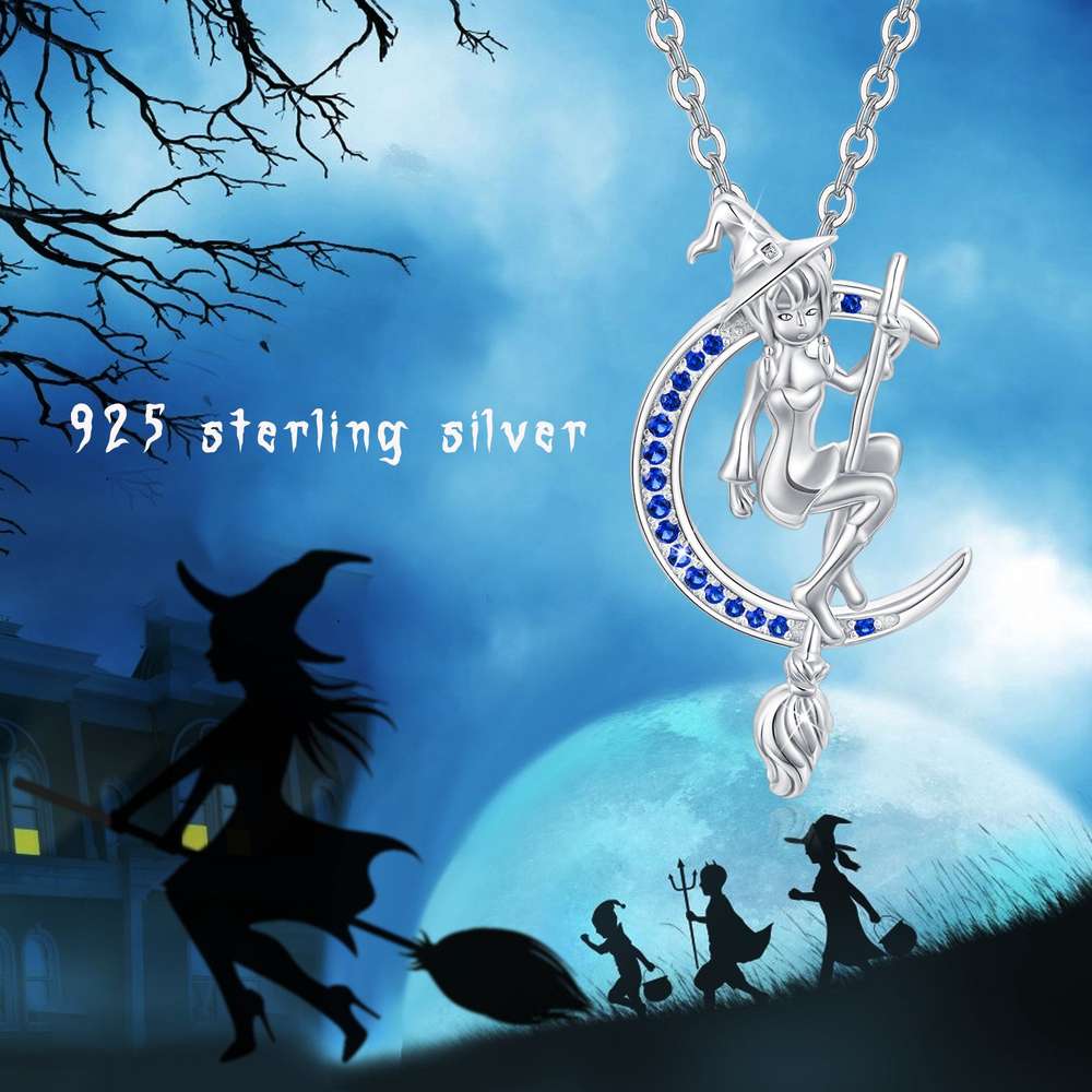 Halloween Necklace Witch Broom Necklace Crescent Moon Pendant 925 Sterling Silver Magic Witch Necklace Moon Jewelry - Minihomy