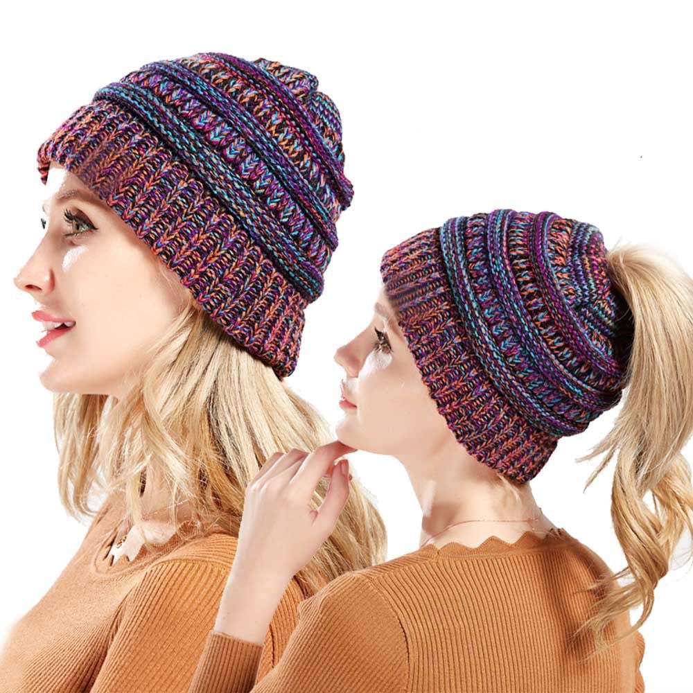 Mixed Color Knitted Wool Hat Ladies Non-labeled Ponytail Hat