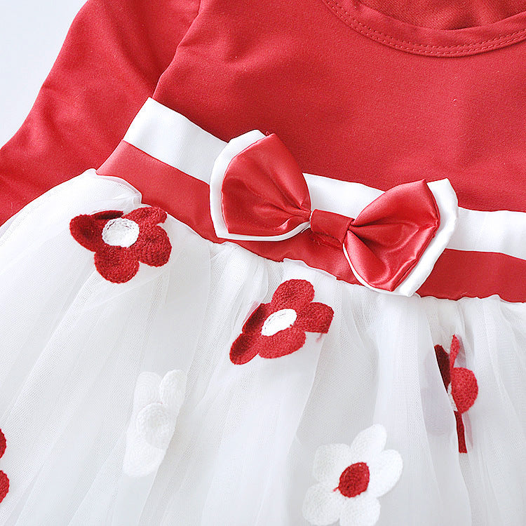 Flower bow long sleeve dress - Minihomy