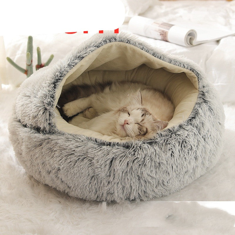 Pet Bed Round Plush Warm Bed House Soft Long Plush Bed  2 In 1 Bed - Minihomy