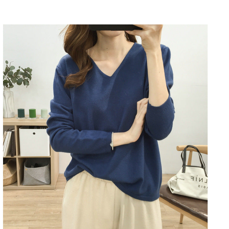 Loose Slimming V-neck Solid Color Long-sleeved Sweater - Minihomy