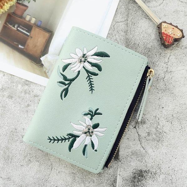 Embroidered thin zipper female wallet