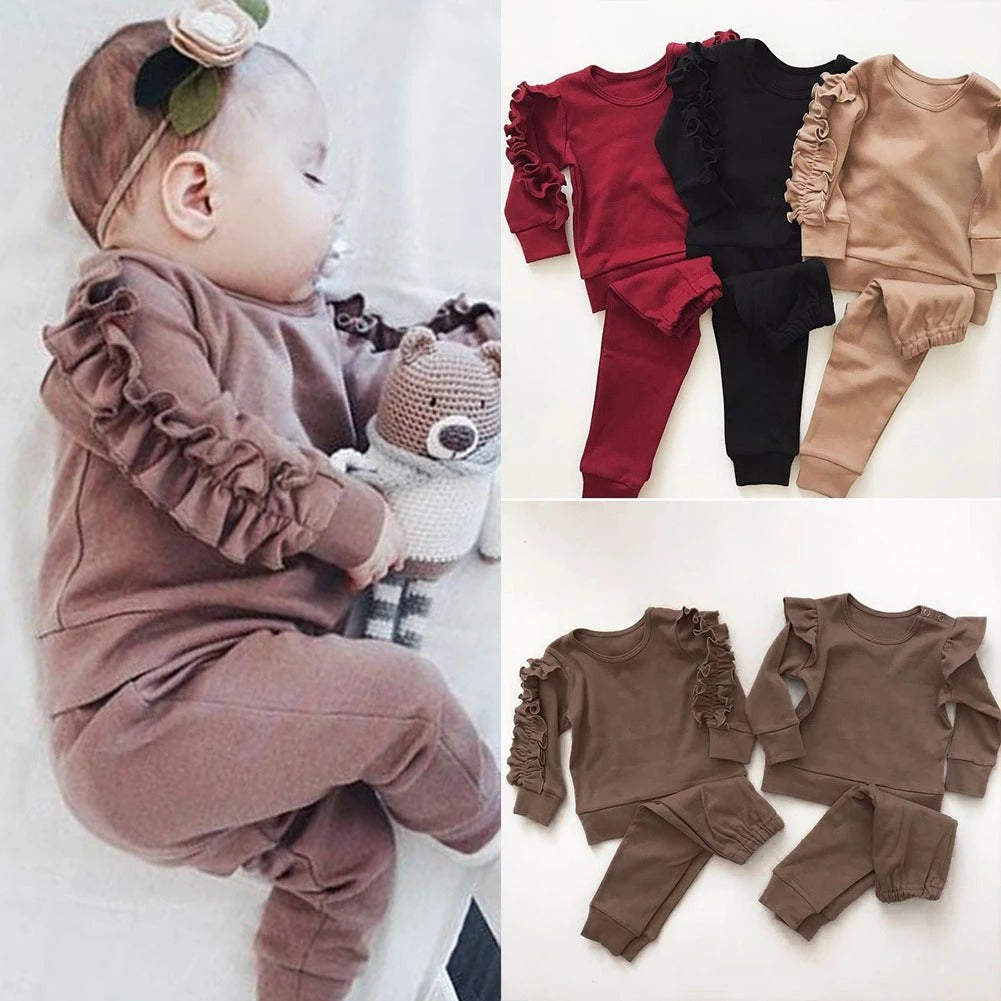 Baby Boys Girls Ruffles Jumper Solid Long Sleeve Sweatshirt Tops Pants