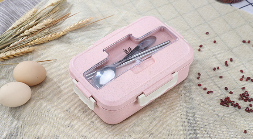 Gift custom creative wheat straw lunch box Student with spoon chopsticks three compartment lunch box Microwave Japanese lunch box - Minihomy