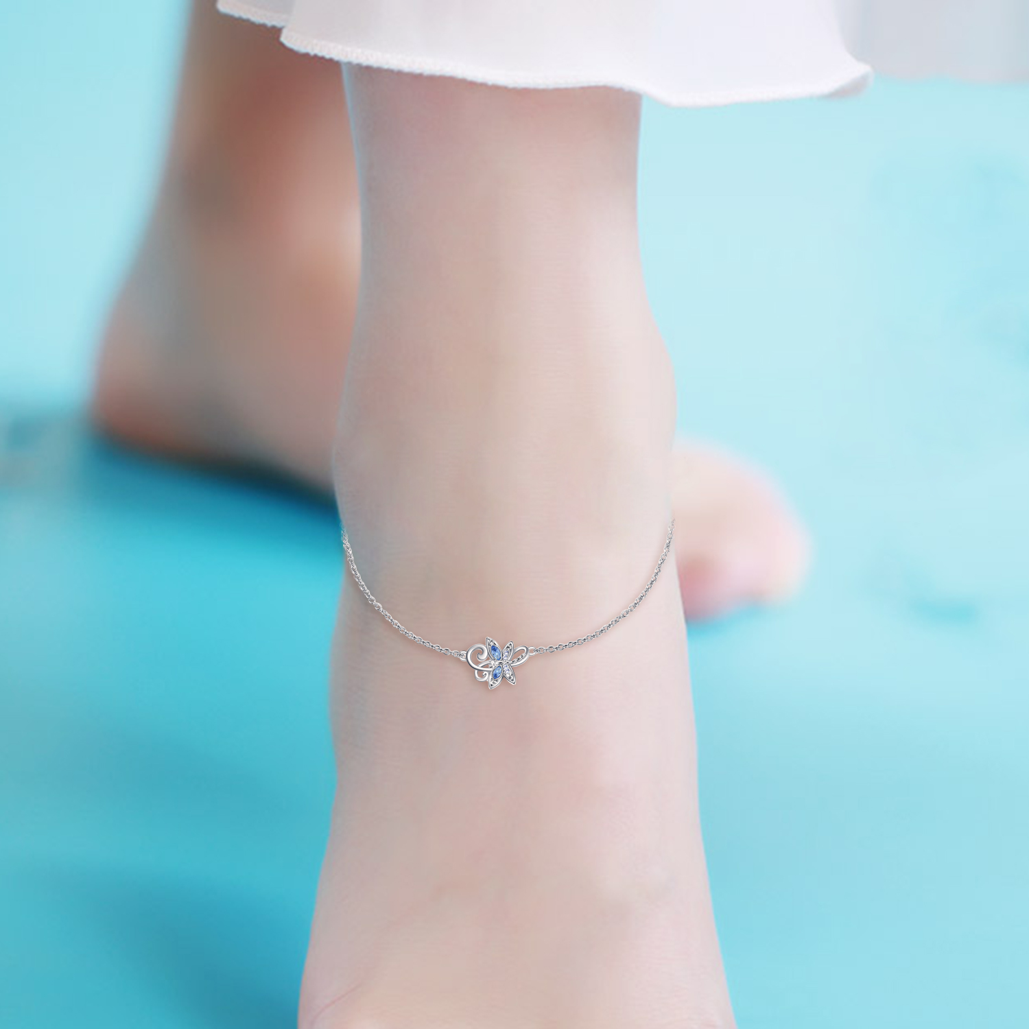 Sterling Silver Anklet with Elegant Crystal Blue Dragonfly