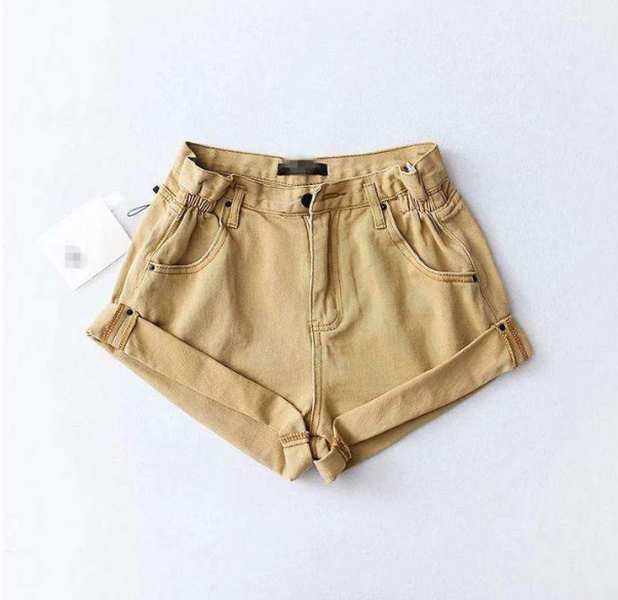 High waist denim shorts female elastic waist cuff wide leg pants shorts - Minihomy