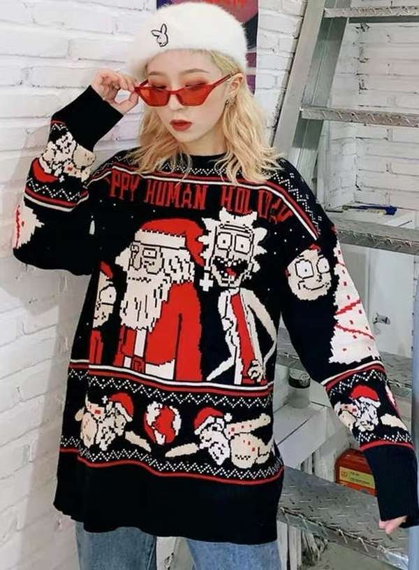 Christmas Sweater Couple - Loose Jacquard Sweater - Minihomy